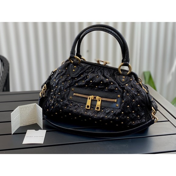 2010 Marc Jacobs Stam Stardust Blk Snake Print Leather Gld Hrdwre Satchel Bag LG